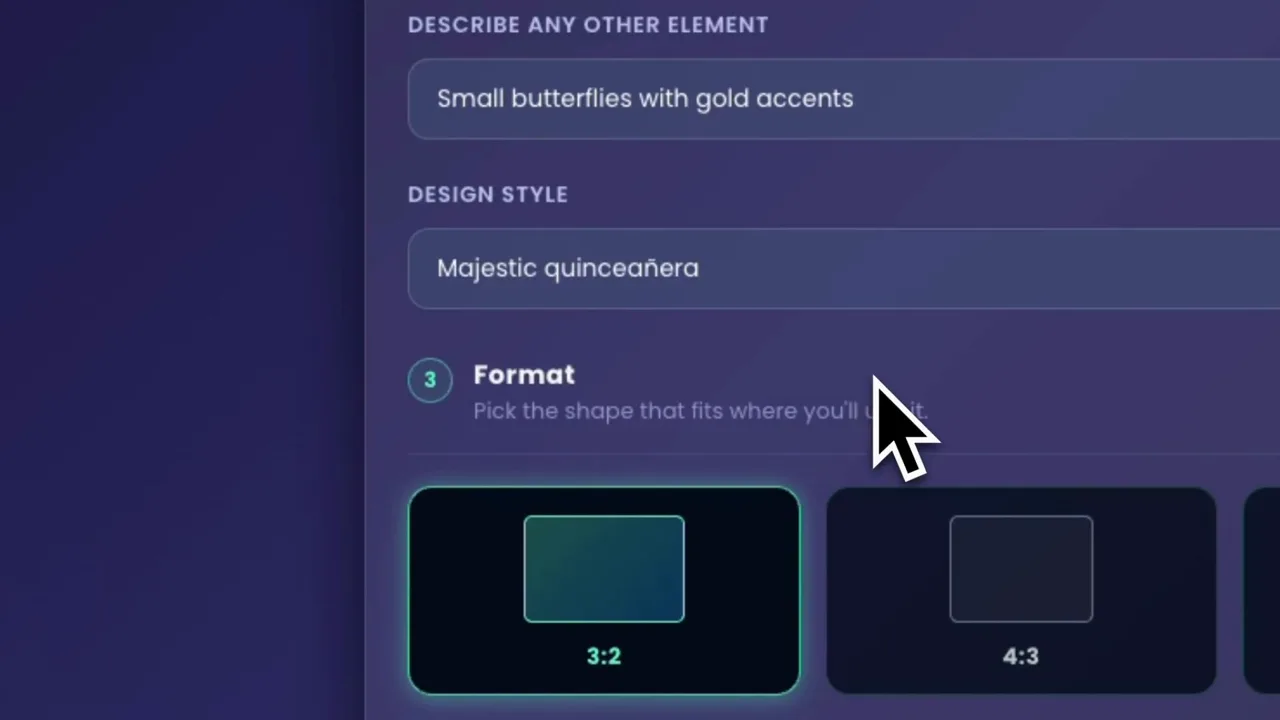 The Decorative Elements section with butterflies described as another element and Majestic quinceañera entered as the design style