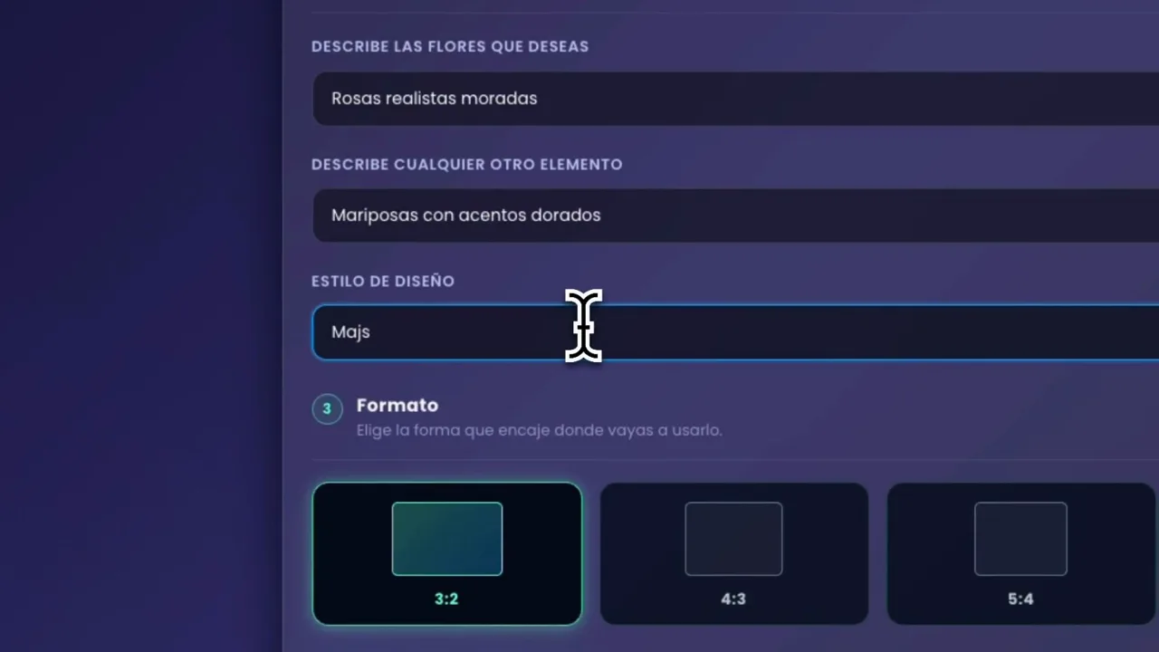 Sección Elementos Decorativos con rosas realistas moradas, mariposas con acentos dorados y el estilo de diseño escrito