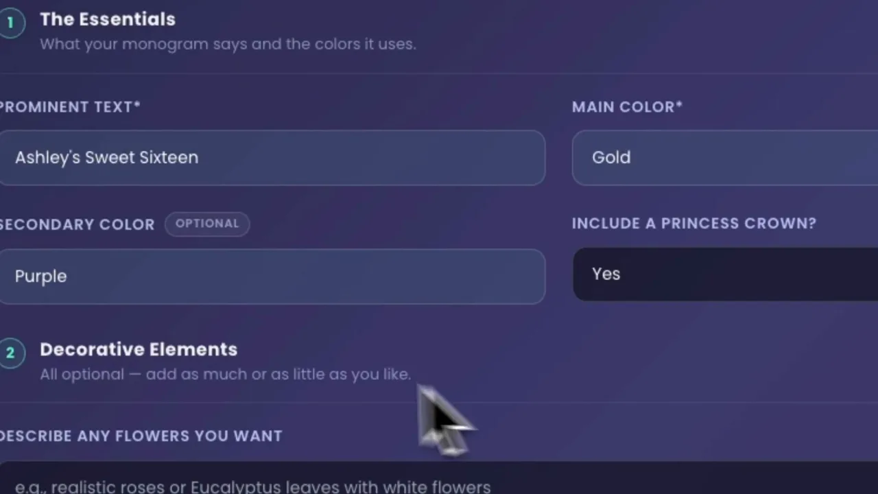 The Essentials section filled in with Ashley's Sweet Sixteen, Gold as main colour, Purple as secondary colour and the princess crown set to Yes