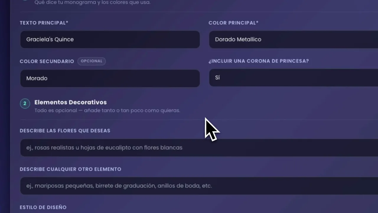 Sección Lo Esencial rellenada con Graciela's Quince, Dorado Metálico como color principal, Morado como secundario y la corona de princesa en Sí