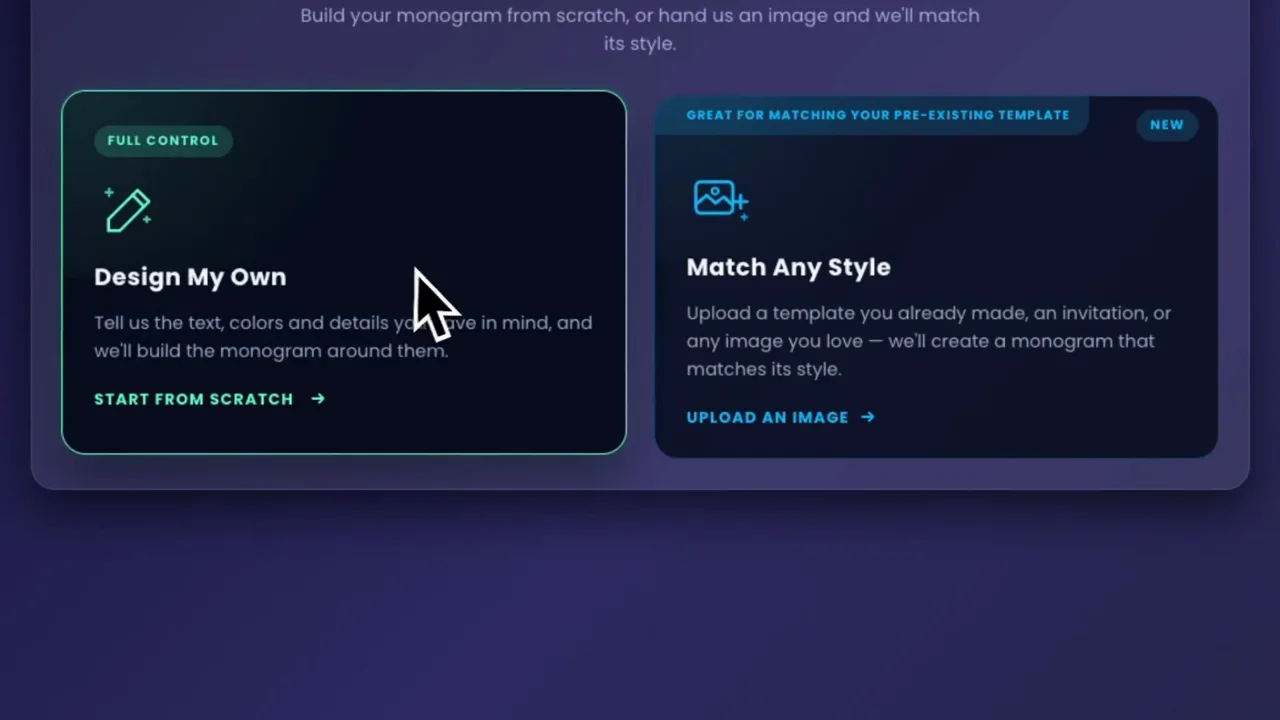 The AI Monogram Maker start screen showing the Design My Own and Match Any Style options side by side