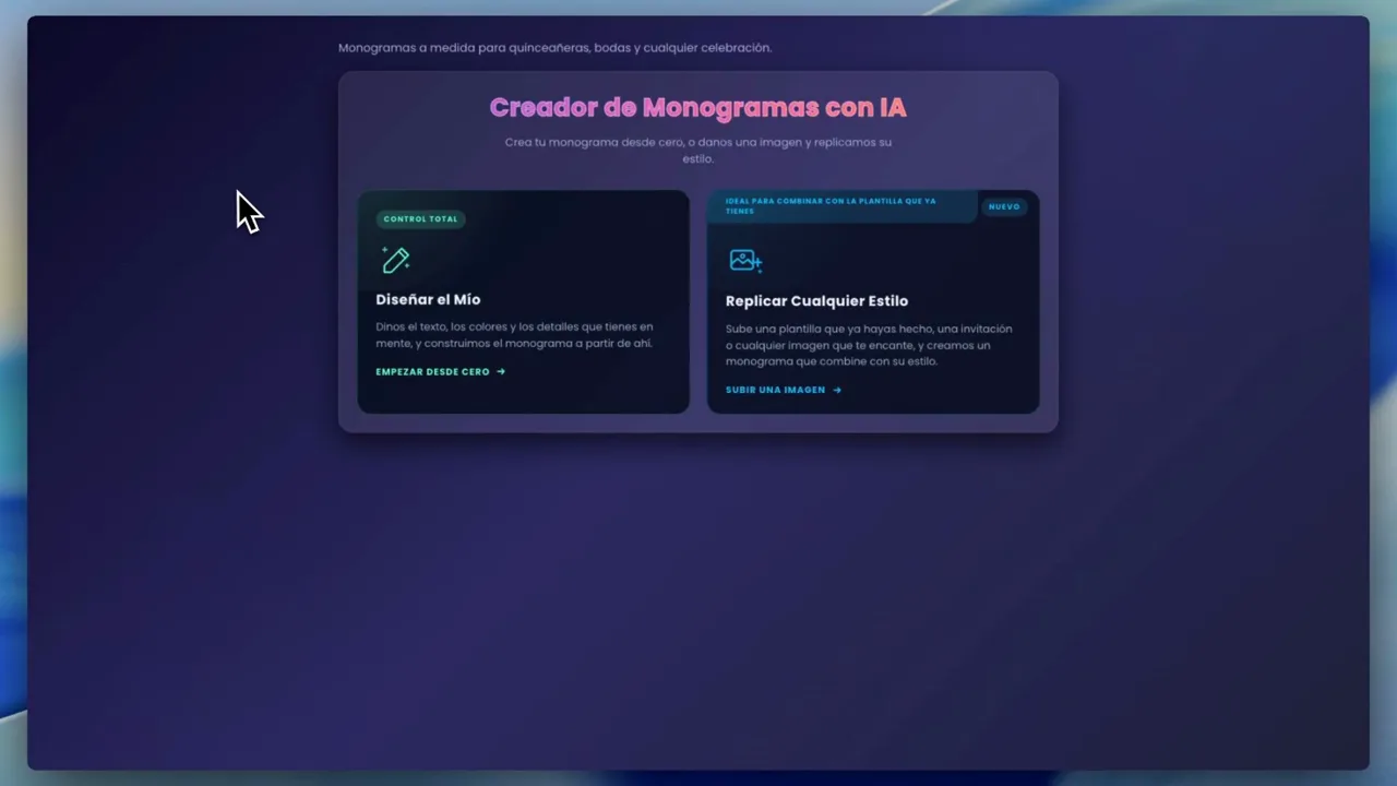 Pantalla inicial del Creador de Monogramas con IA con las opciones Diseñar el Mío y Replicar Cualquier Estilo