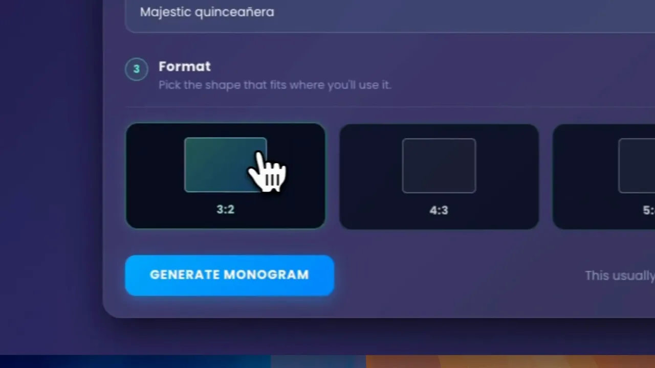 The Format section with the 3:2 aspect ratio selected and the Generate Monogram button below it