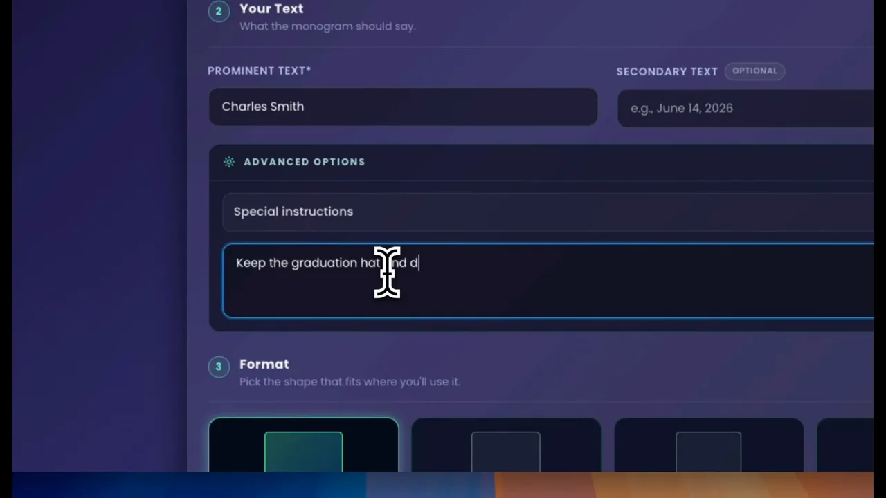 The Advanced options panel open with a special instruction typed into the text box