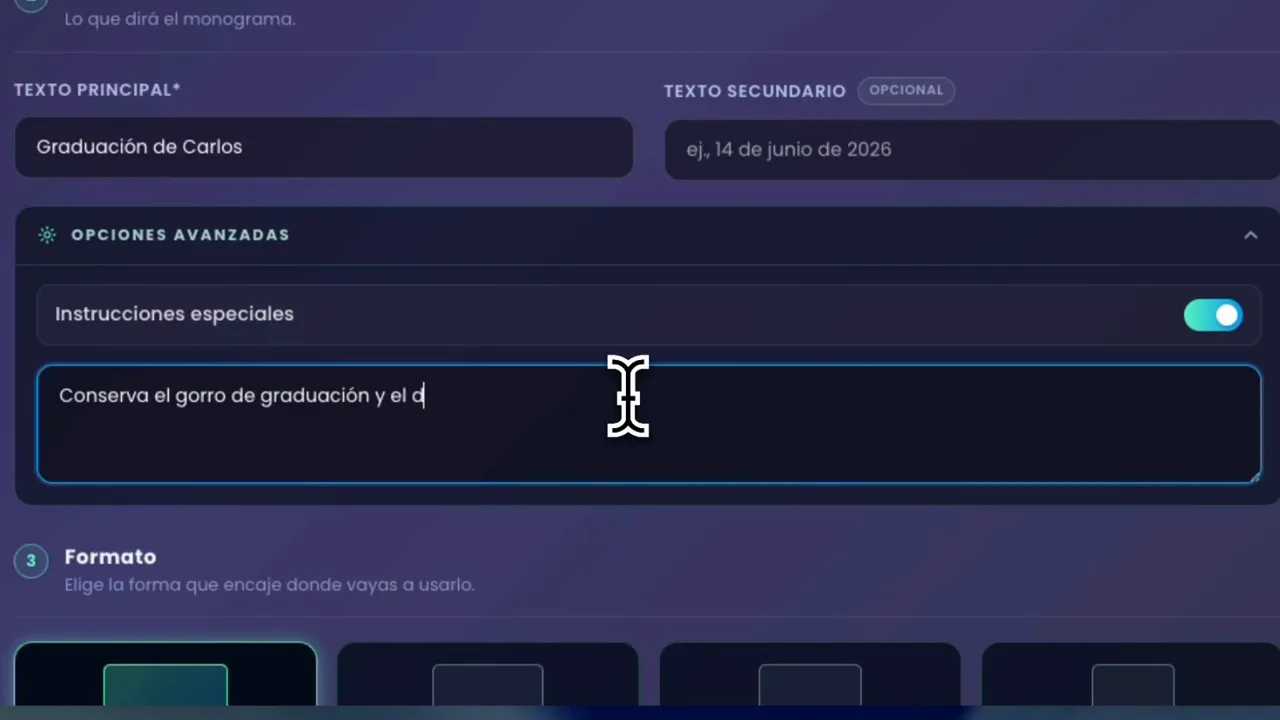 Panel de Opciones avanzadas abierto con una instrucción especial escrita en el campo de texto