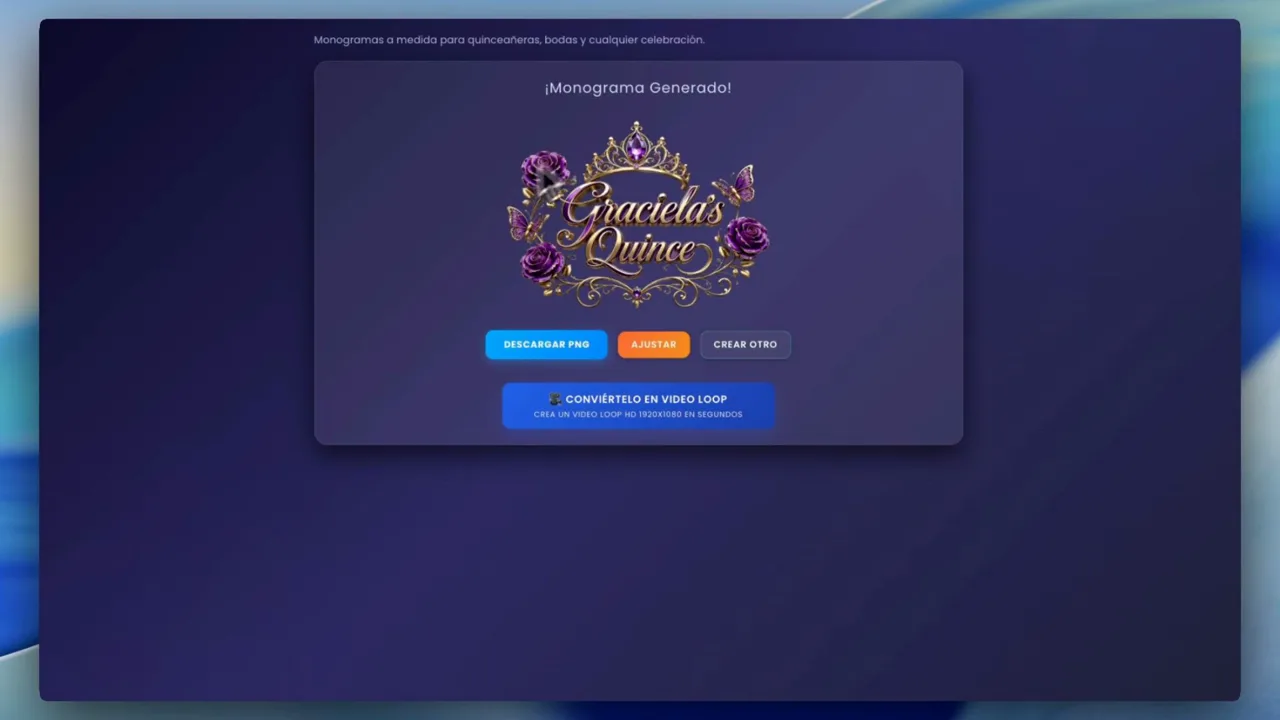 Monograma terminado de Graciela's Quince con las opciones de descargar, ajustar, crear otro y convertirlo en video loop