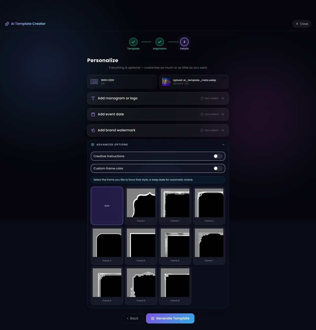 The advanced options panel expanded, showing the frame shape grid and the custom frame colour toggle