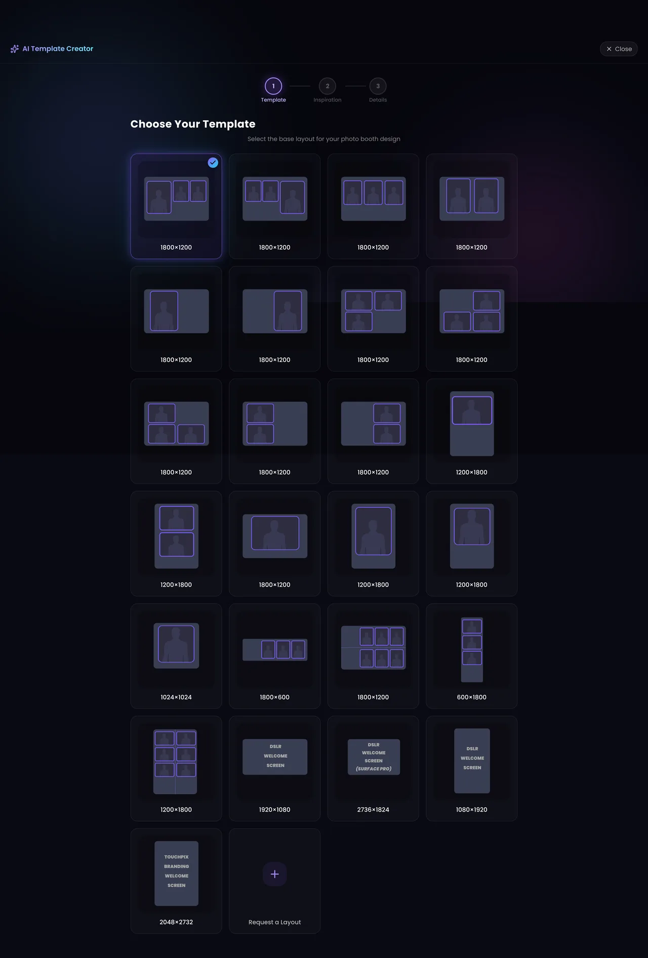 The Choose Your Template screen with a grid of photo booth layouts labelled by pixel dimensions