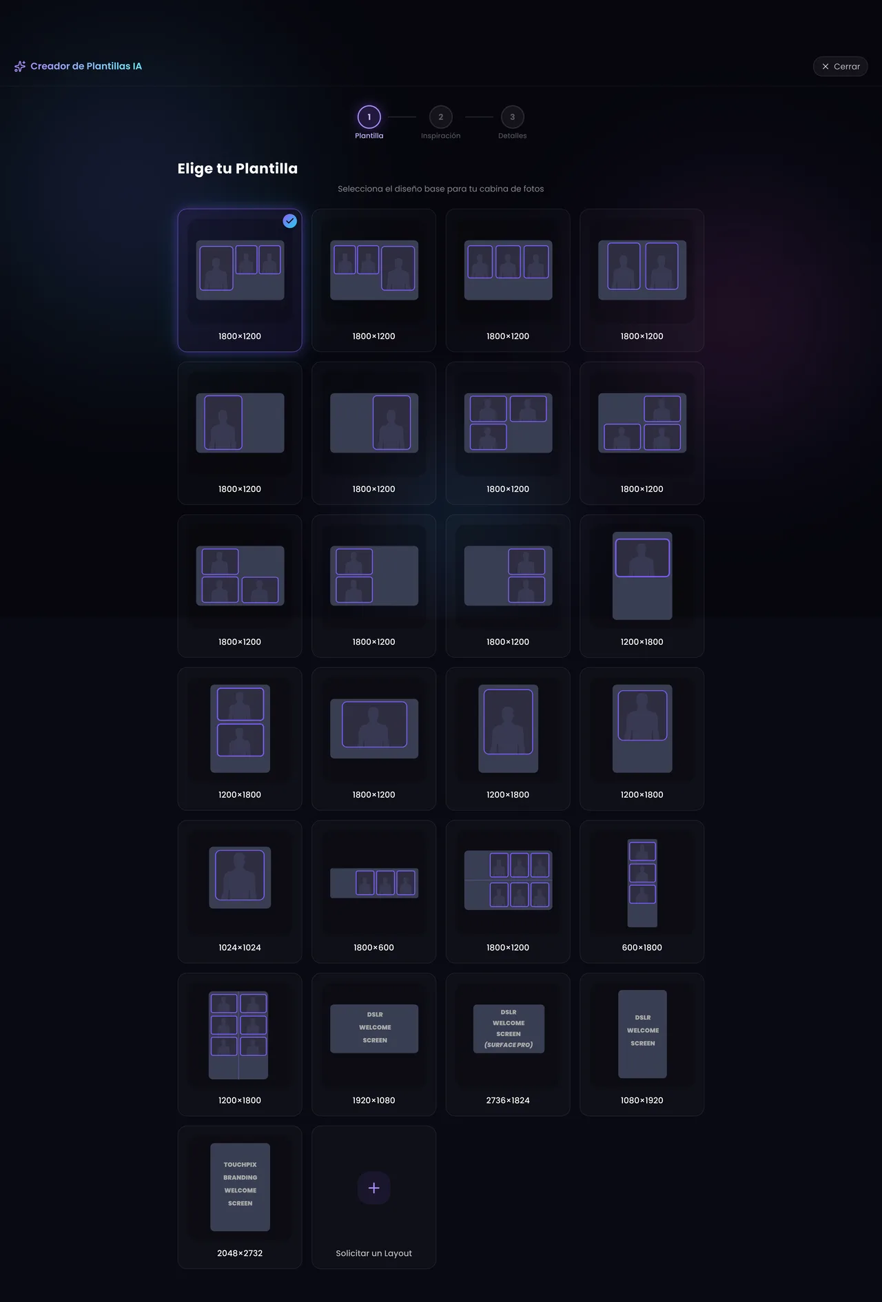 Pantalla Elige tu Plantilla con la rejilla de layouts etiquetados con sus dimensiones en píxeles