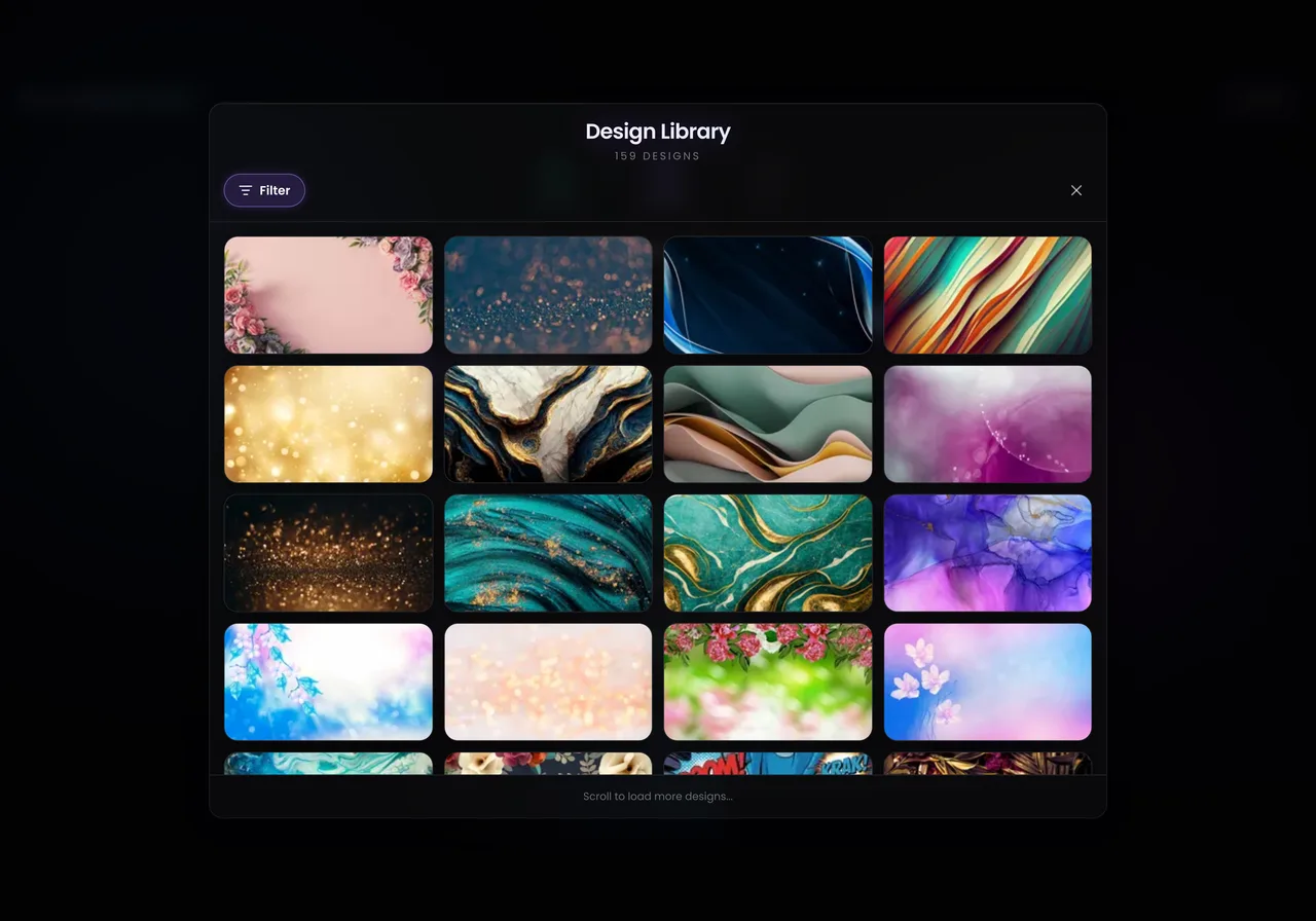 The Design Library with a grid of design thumbnails and a filter control