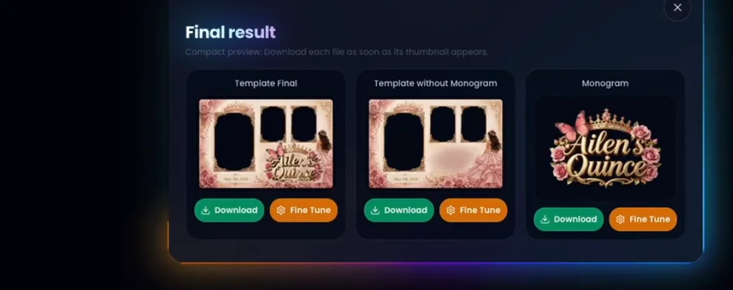 The final result panel showing the template, the template without monogram and the monogram as three separate downloads
