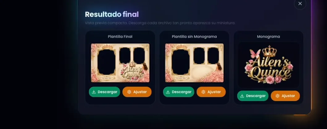 Panel de resultado final con la plantilla, la plantilla sin monograma y el monograma como tres descargas