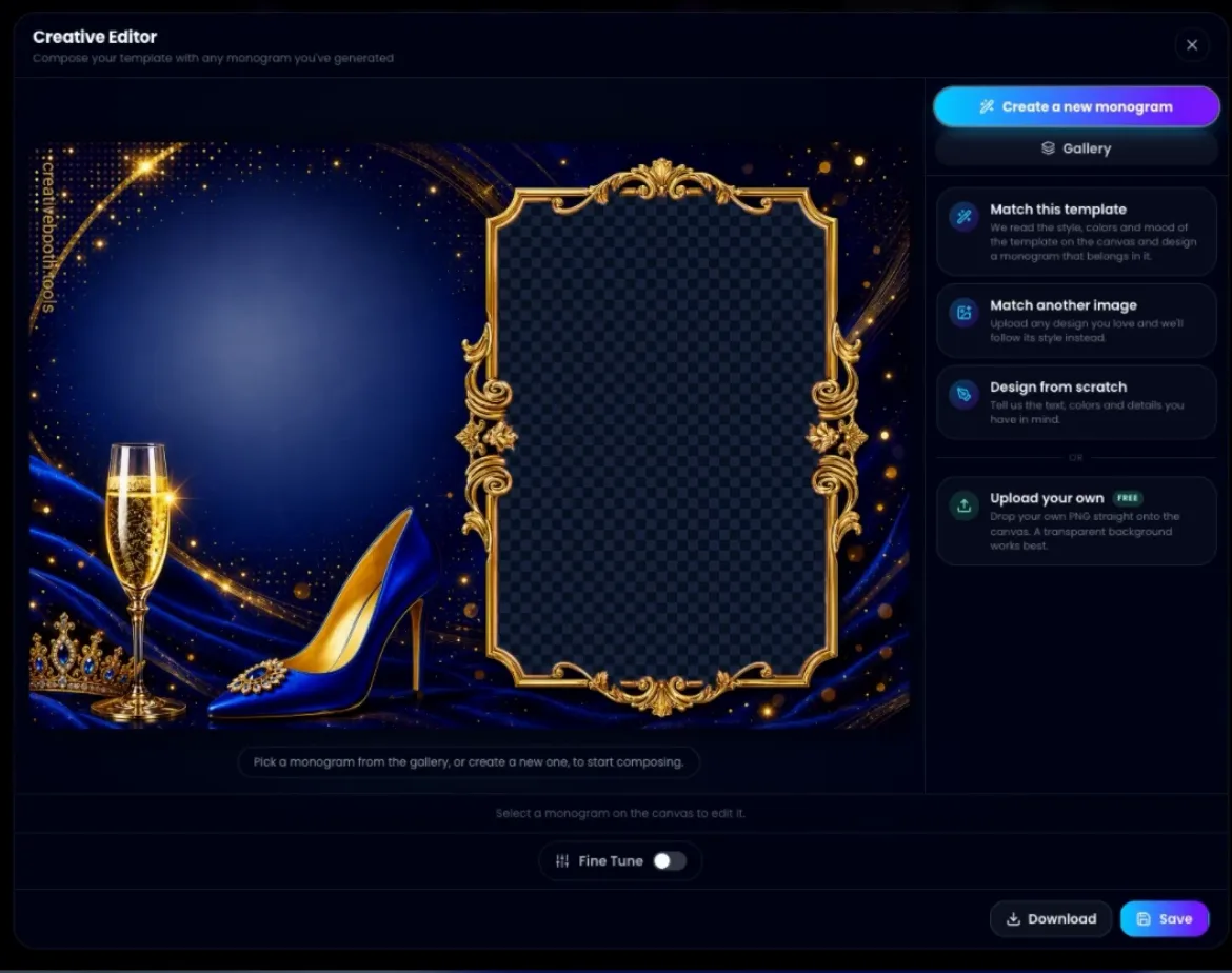 The Create a new monogram tab open in the sidebar, showing Match this template, Match another image, Design from scratch and Upload your own