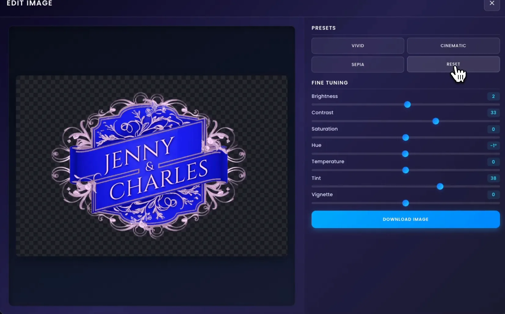 The Edit Image panel with the finished monogram on a transparency checkerboard, the Vivid, Cinematic, Sepia and Reset presets, and sliders for brightness, contrast, saturation, hue, temperature, tint and vignette