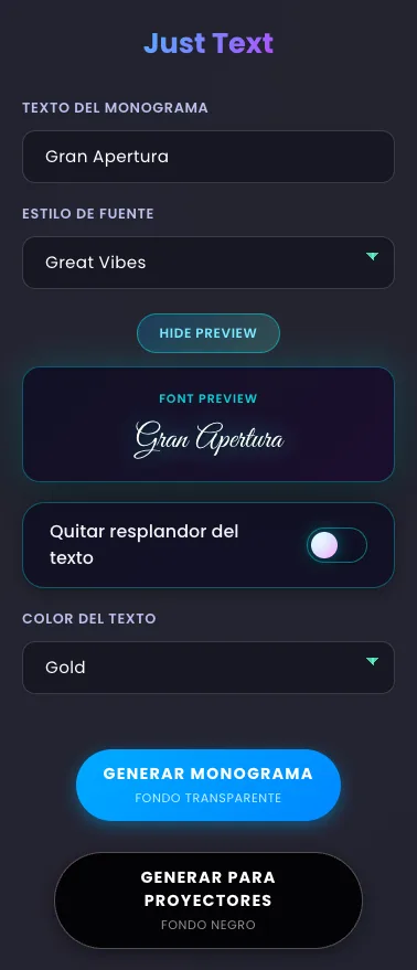 El formulario de Just Text con Gran Apertura escrito, la fuente Great Vibes seleccionada y el panel Font Preview dibujando ese texto con esa fuente
