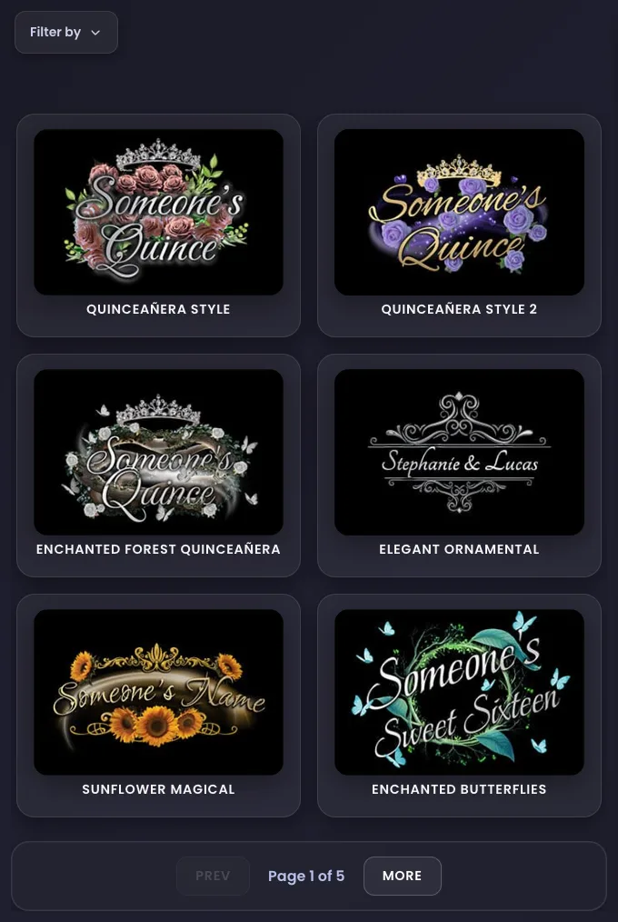The monogram library showing Quinceañera Style, Quinceañera Style 2, Enchanted Forest Quinceañera, Elegant Ornamental, Sunflower Magical and Enchanted Butterflies, with the Filter by control and page 1 of 5