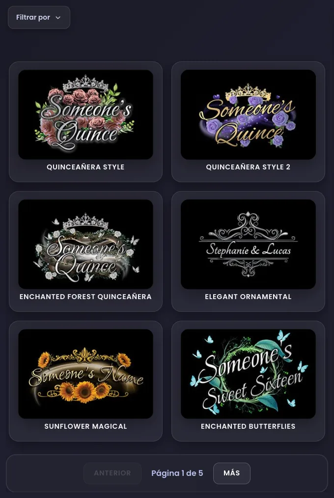 La biblioteca de monogramas con Quinceañera Style, Quinceañera Style 2, Enchanted Forest Quinceañera, Elegant Ornamental, Sunflower Magical y Enchanted Butterflies, el control Filtrar por y la página 1 de 5