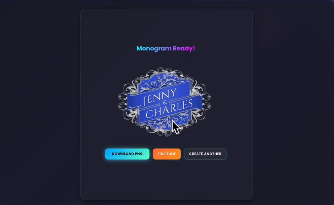 The Monogram Ready screen showing the finished Jenny & Charles wedding monogram in blue and silver, with Download PNG, Fine Tune and Create Another buttons