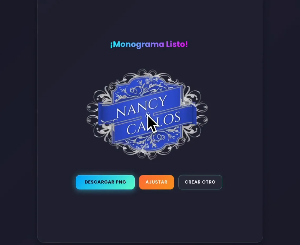 La pantalla ¡Monograma Listo! con el monograma de boda de Nancy y Carlos terminado en azul y plata, y los botones Descargar PNG, Ajustar y Crear Otro
