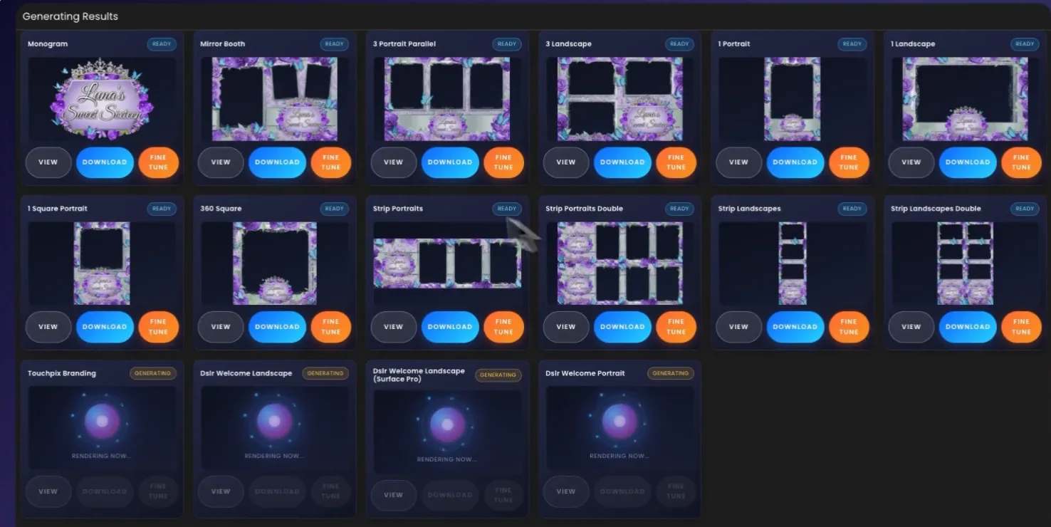 The results screen with eleven layouts marked READY and four still generating, each with View, Download and Fine Tune buttons