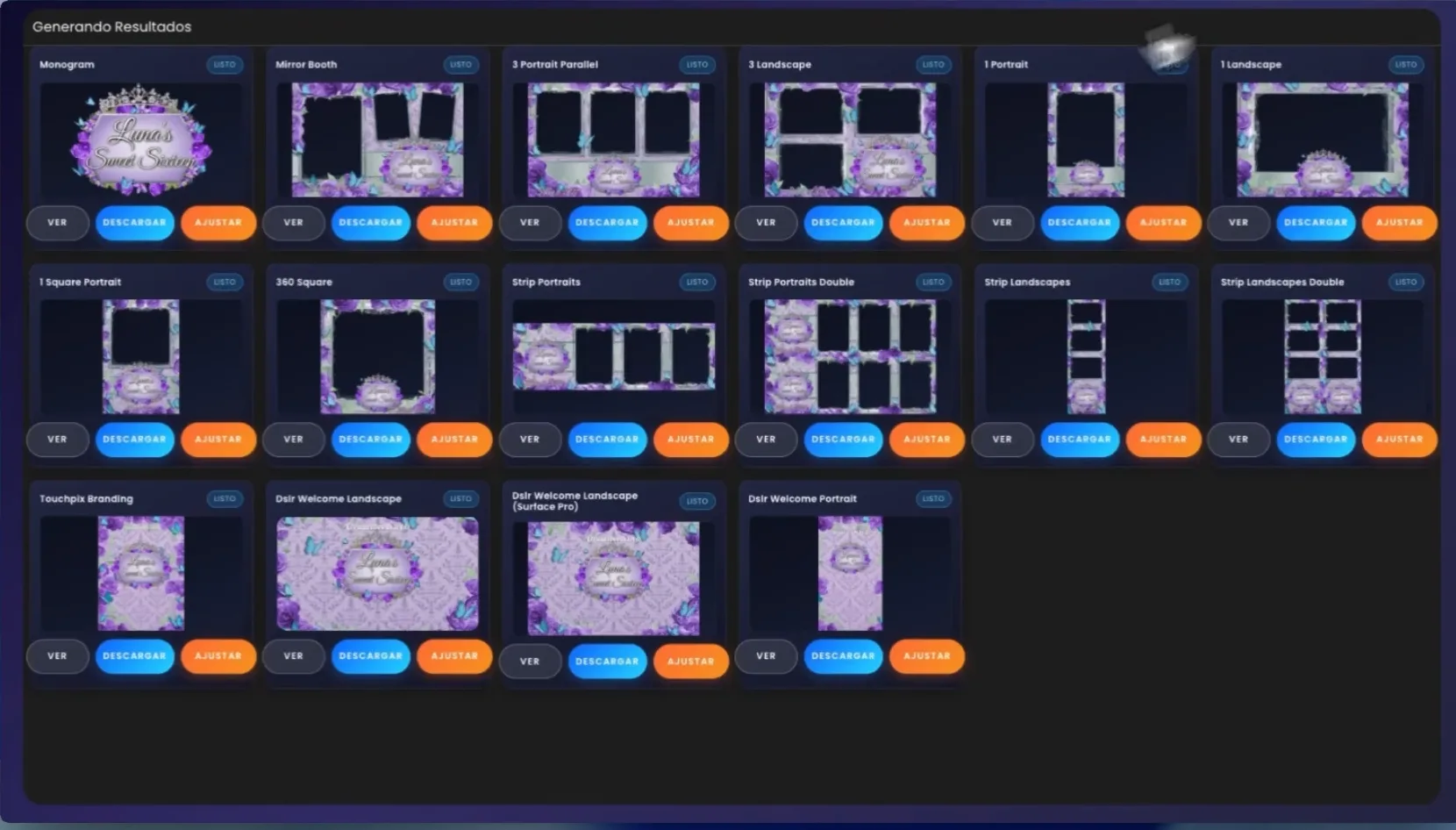 La pantalla de resultados con los dieciséis diseños marcados como LISTO, cada uno con sus botones Ver, Descargar y Ajustar
