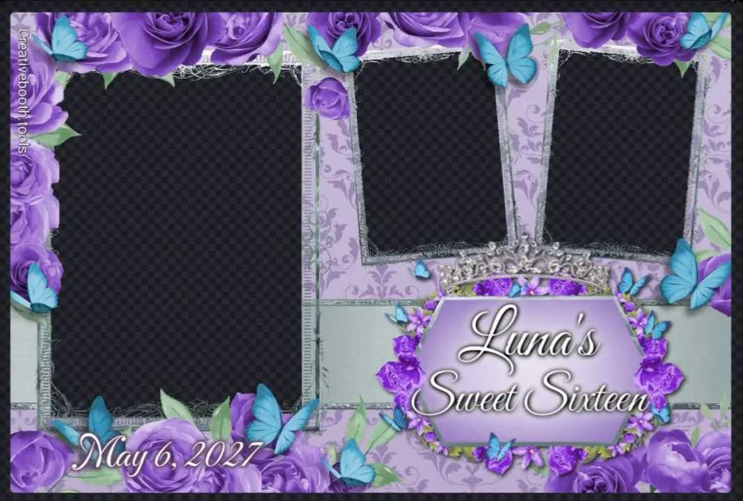 A finished mirror booth template at full size, the transparent photo slots shown as a checkerboard, with the Luna's Sweet Sixteen monogram and the event date