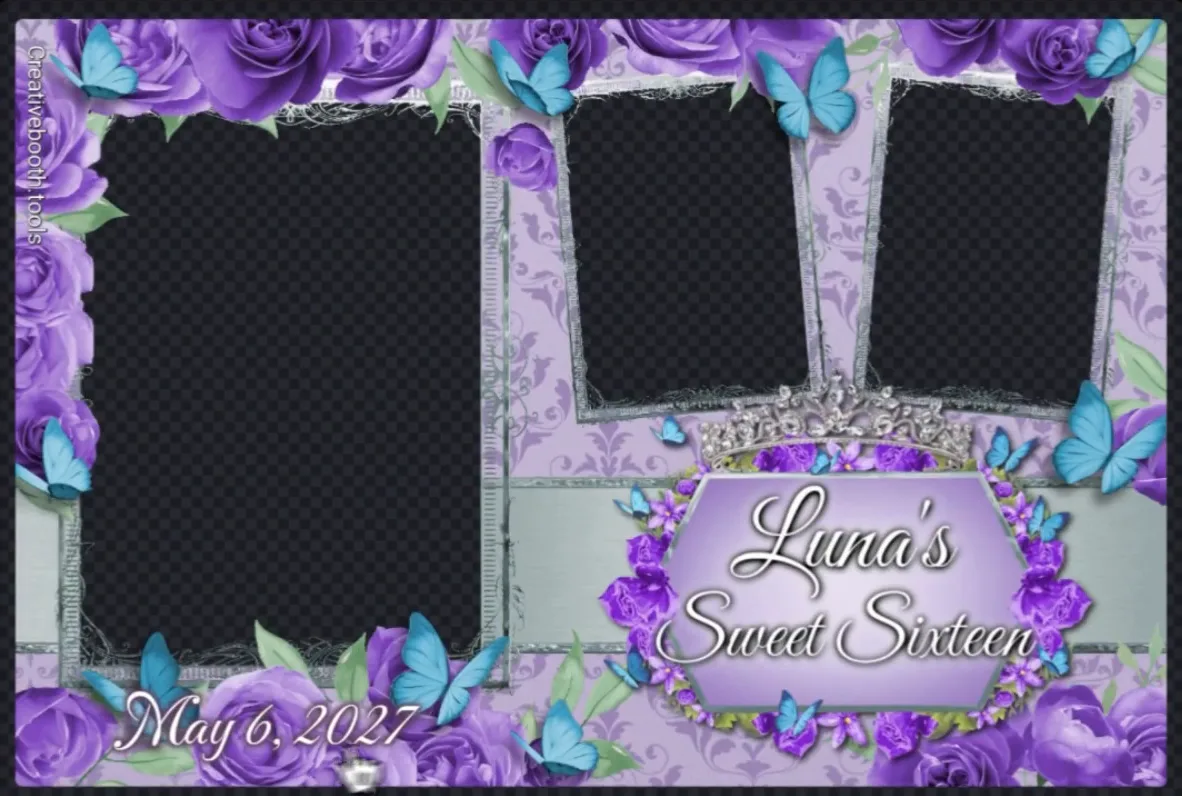Una plantilla de mirror booth terminada a tamaño completo, con los huecos de foto transparentes dibujados como un damero, el monograma de Luna's Sweet Sixteen y la fecha del evento