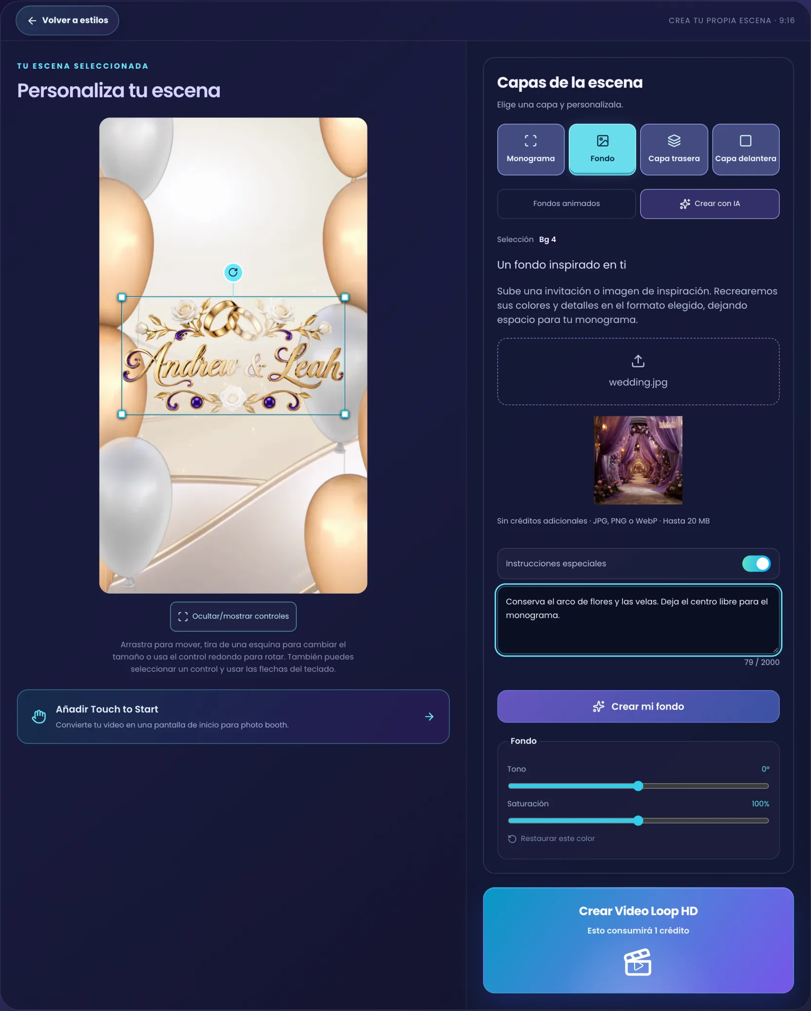 El panel Crear con IA con una imagen de inspiración elegida, las Instrucciones especiales activadas y el botón Crear mi fondo