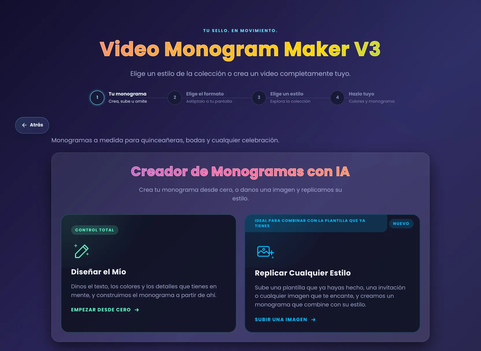 El generador de monogramas con IA abierto dentro del paso uno, con sus dos entradas para diseñar desde cero o igualar un estilo