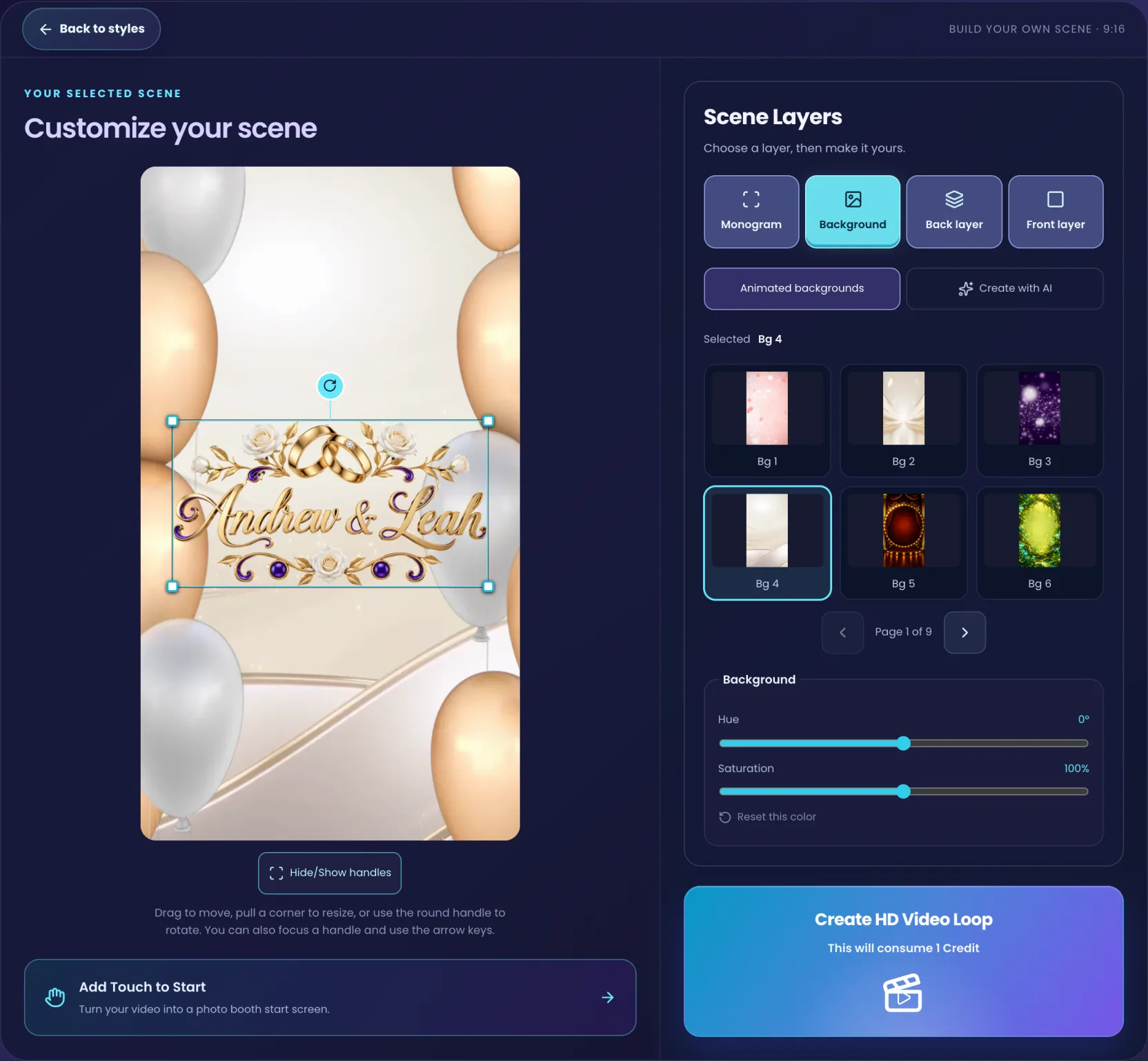 Build your own Scene with the Background tab open, showing the Animated backgrounds catalogue and the Create with AI option