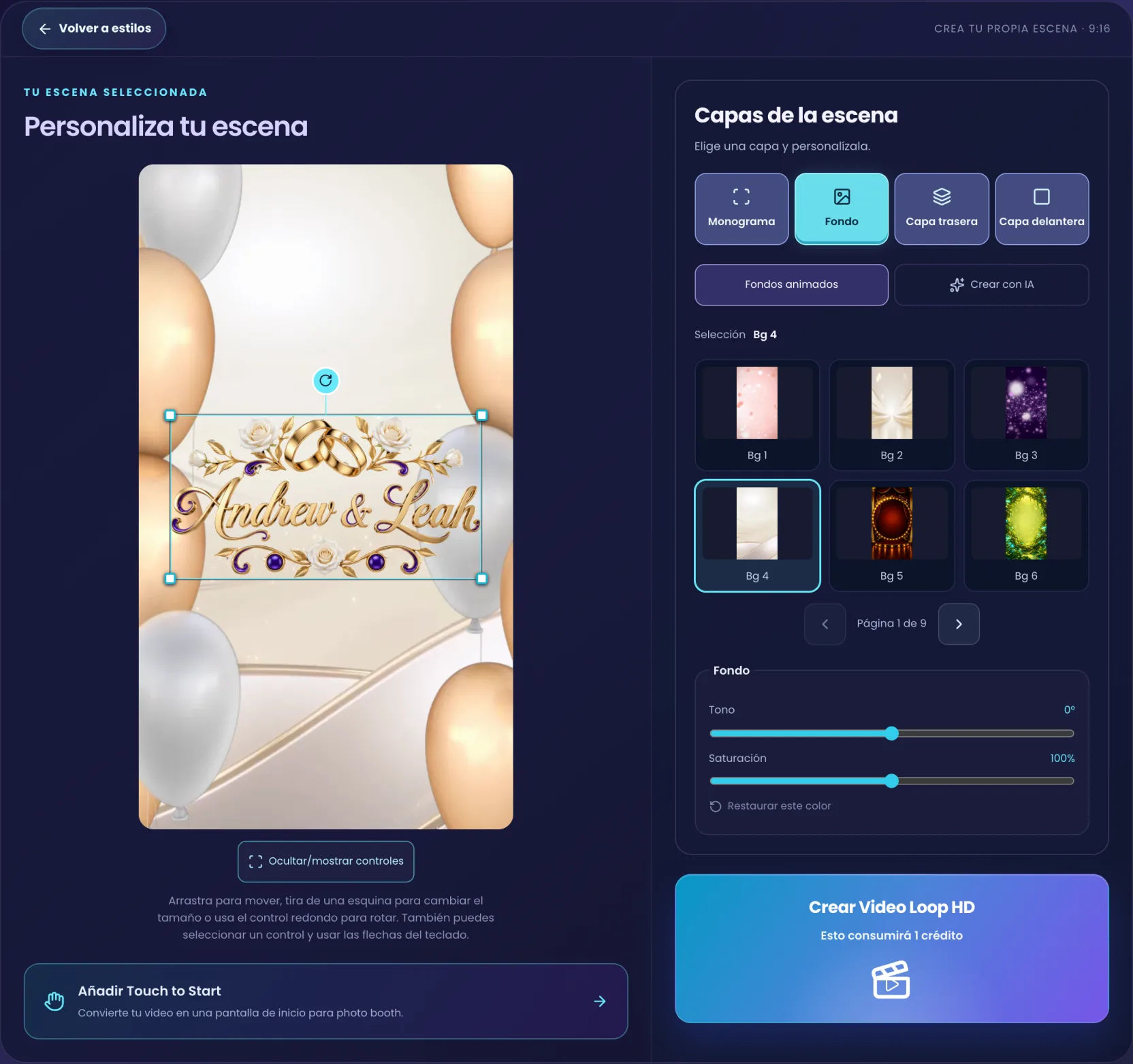 Crea tu propia escena con la pestaña Fondo abierta, el catálogo de Fondos animados y la opción Crear con IA