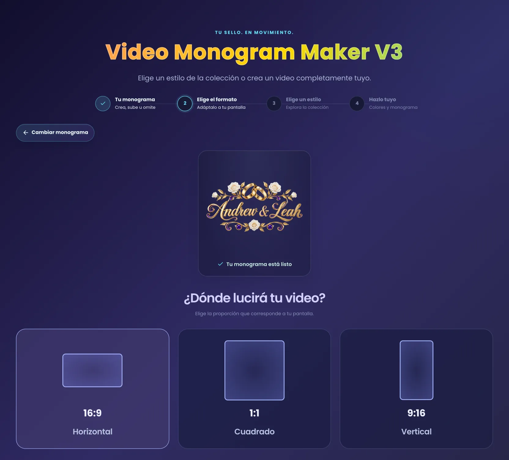El paso del formato con el monograma subido marcado como listo y las opciones Horizontal, Cuadrado y Vertical