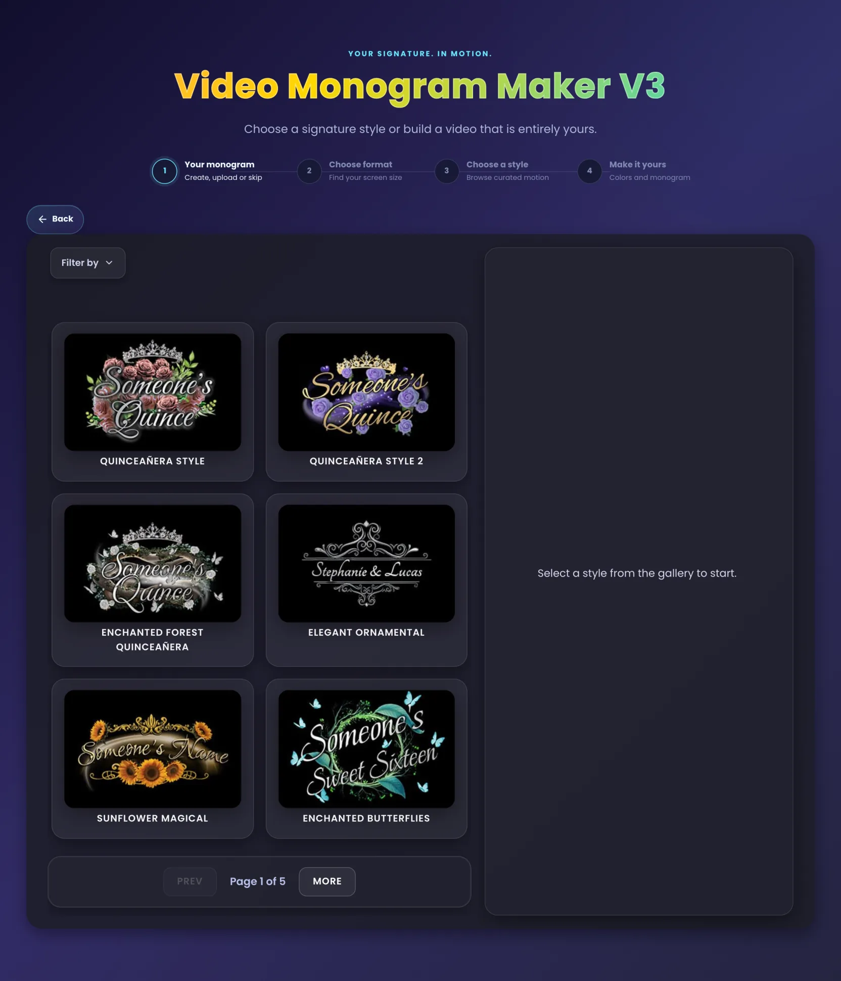 The monogram style library inside step one, with the Filter by menu and six designs to choose from