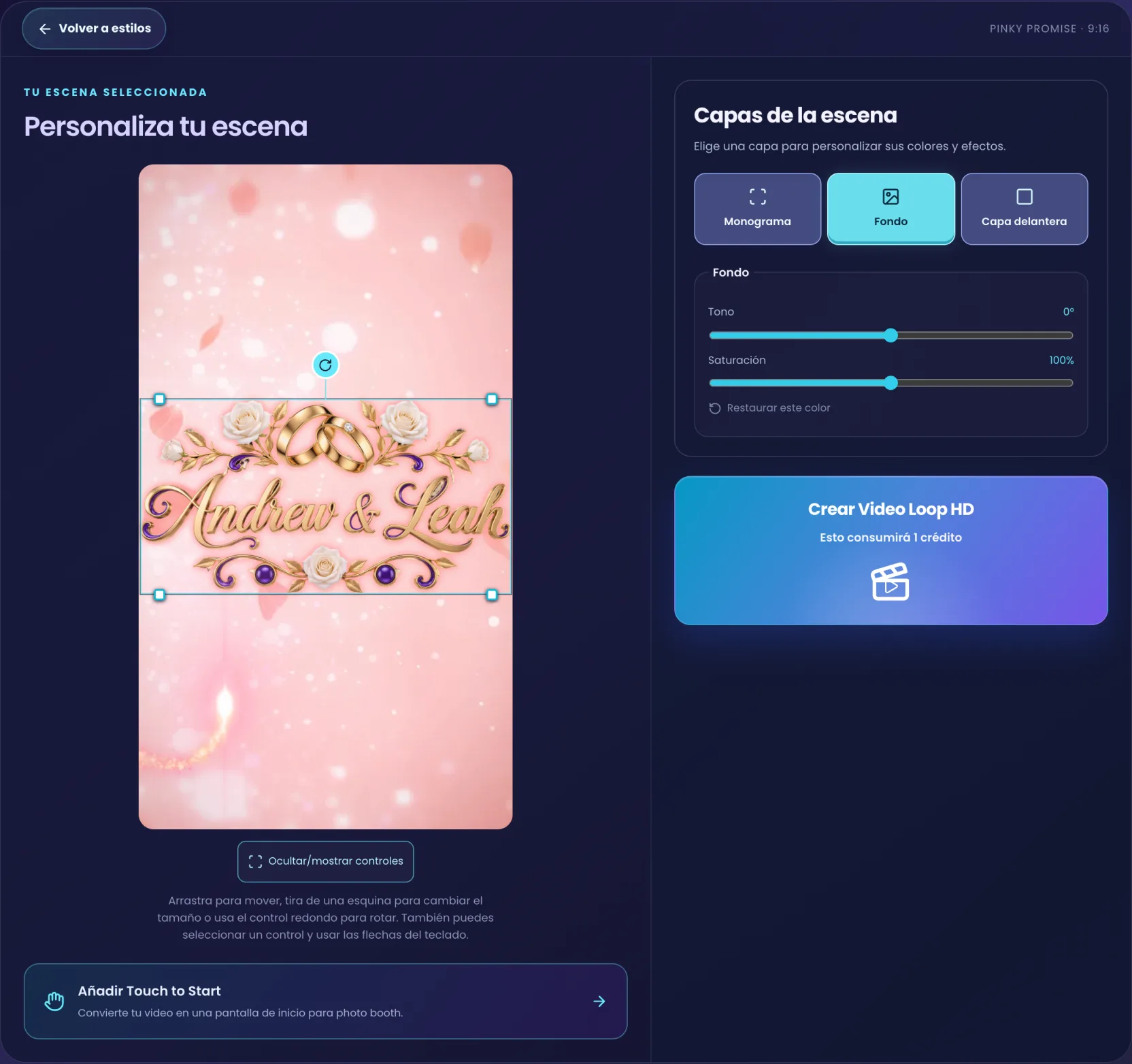 El editor de escenas con el preview en vivo a la izquierda y las pestañas de Capas de la escena con los controles de color del fondo a la derecha