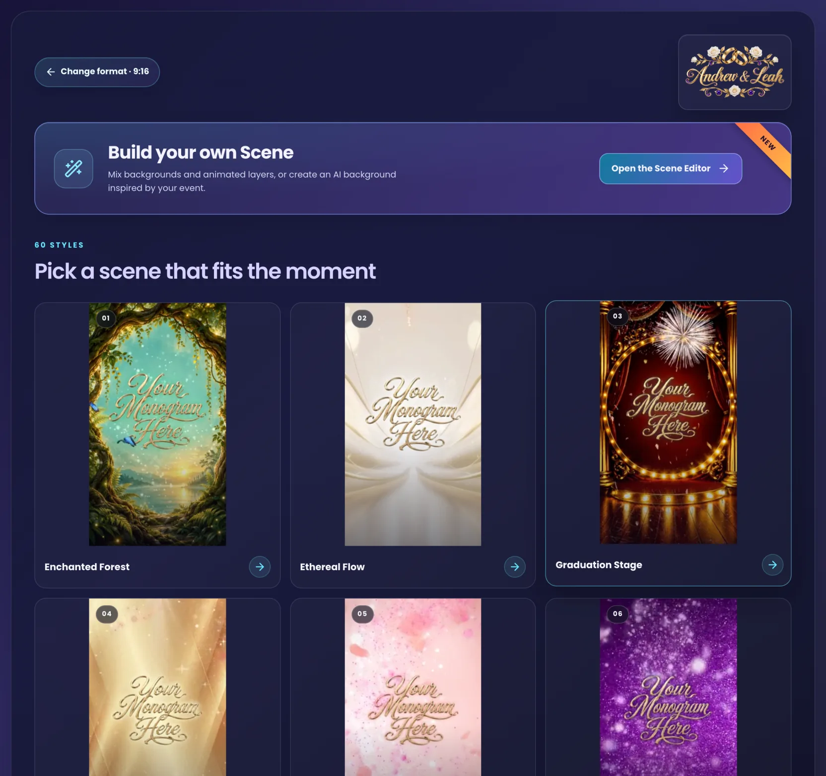 The style gallery in portrait format with the Build your own Scene card on top and the first ready-made styles below