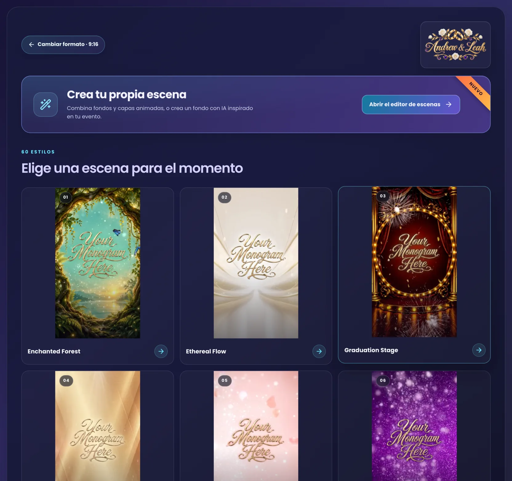 La galería de estilos en formato vertical con la tarjeta Crea tu propia escena arriba y los primeros estilos ya hechos debajo