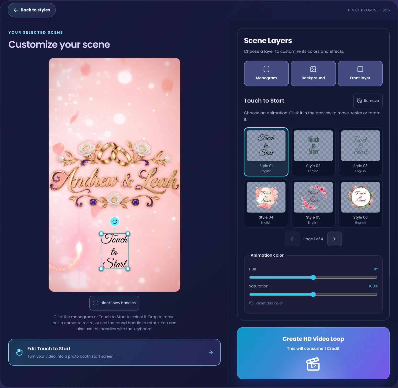 The Touch to Start gallery with the first animation selected and placed under the monogram in the preview