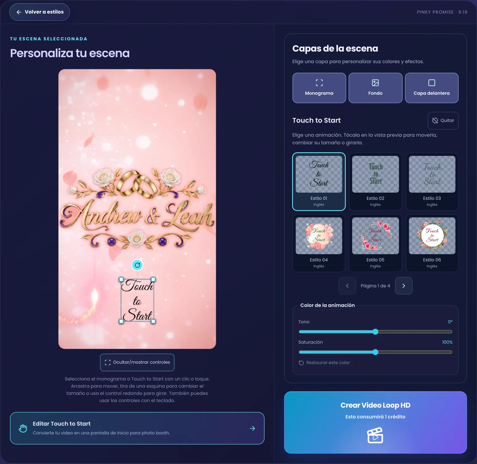 La galería de Touch to Start con la primera animación seleccionada y colocada bajo el monograma en el preview