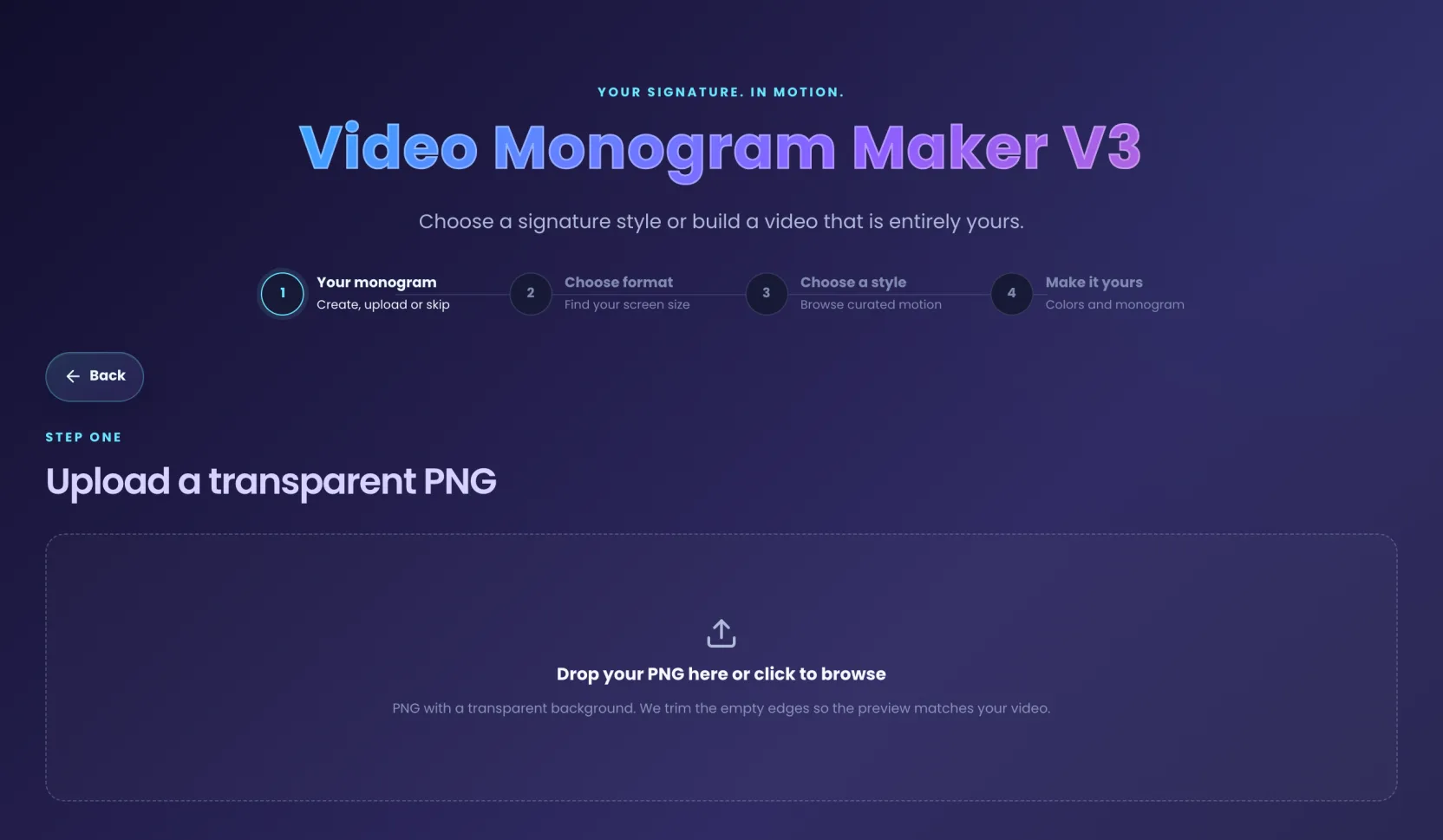 The Upload a transparent PNG screen with an empty dropzone reading drop your PNG here or click to browse