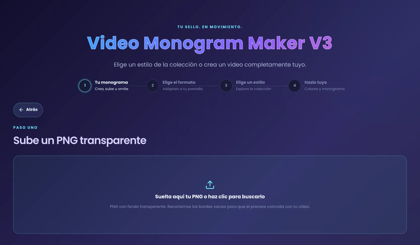 La pantalla Sube un PNG transparente con la zona de arrastre vacía y el texto para soltar el PNG o buscarlo