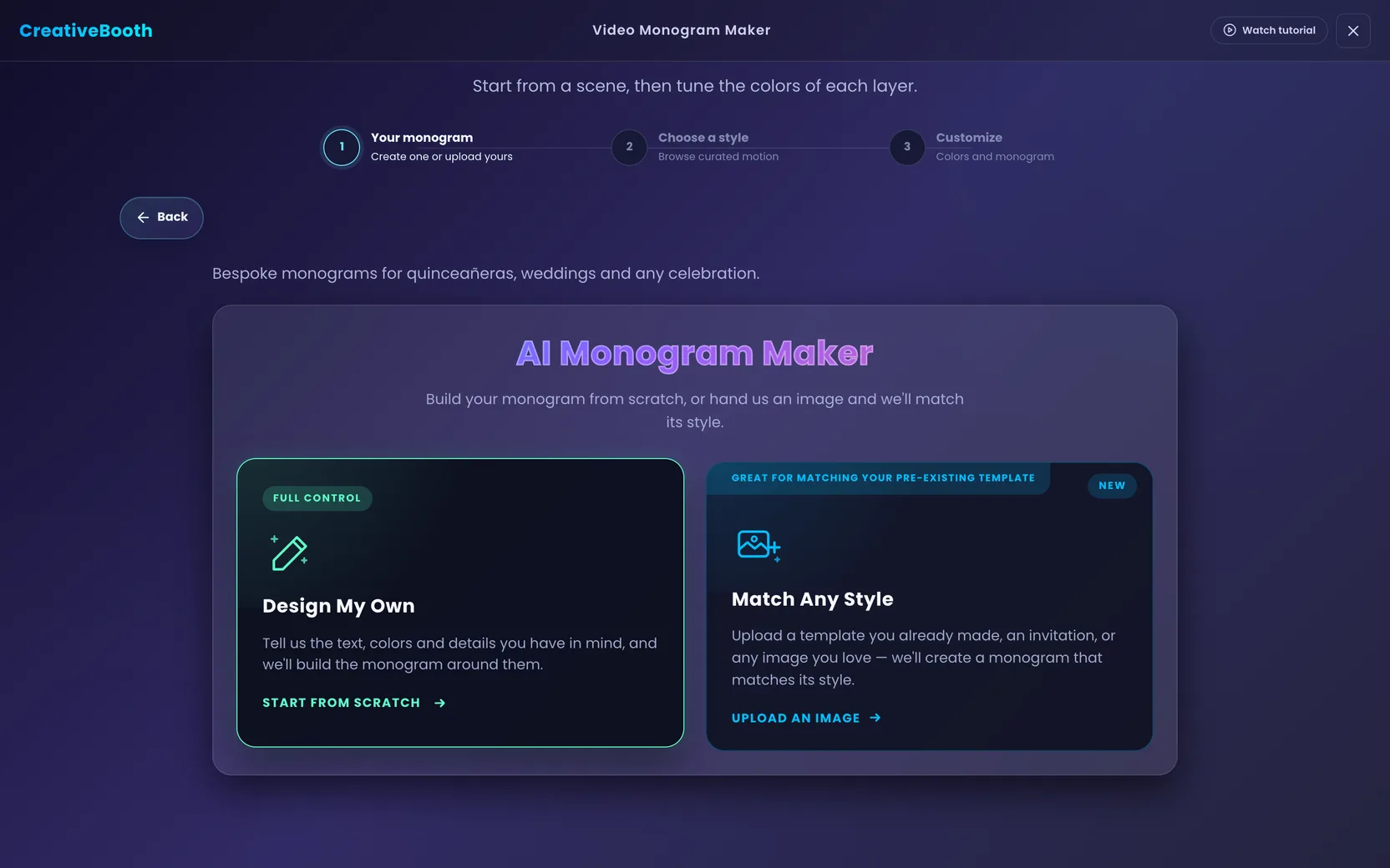 The AI Monogram Maker opened inside step one, showing the Design My Own and Match Any Style entry points