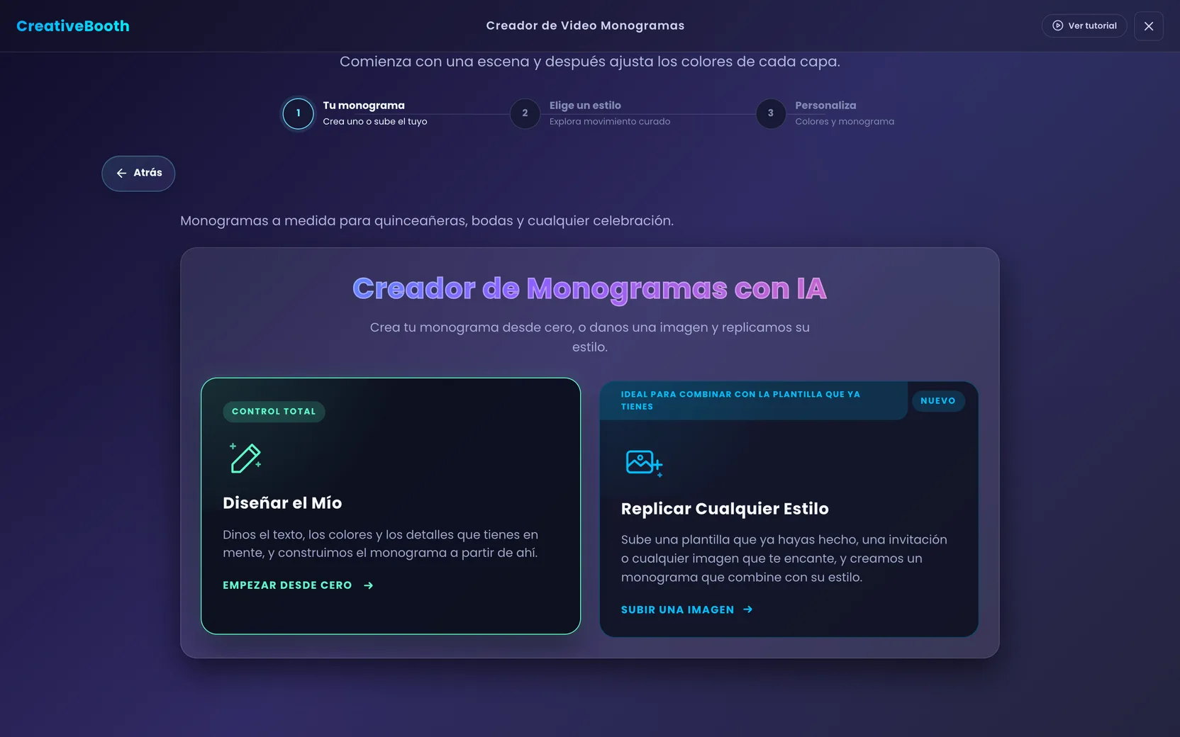 El generador de monogramas con IA abierto dentro del paso uno, con sus dos entradas para diseñar desde cero o igualar un estilo