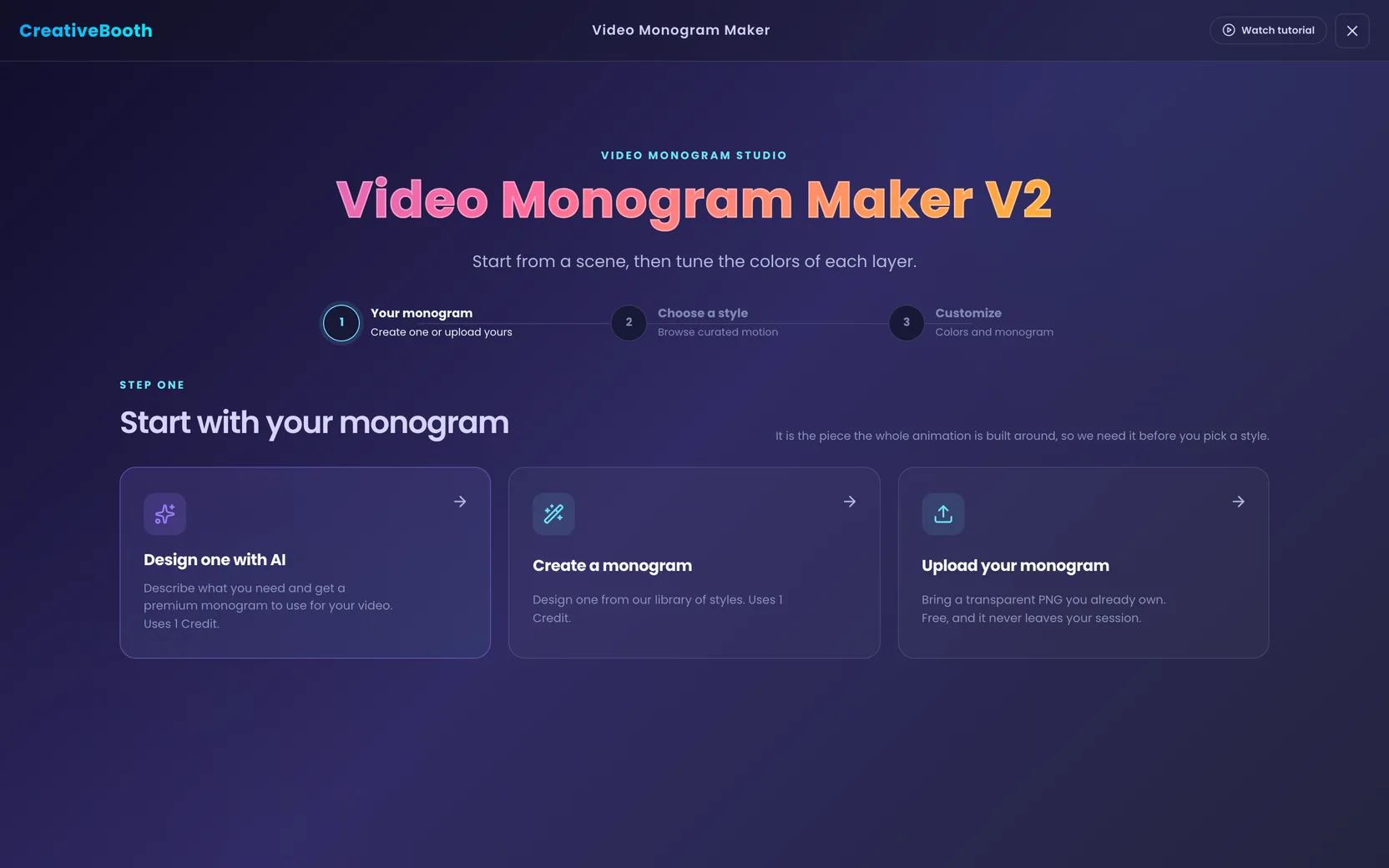 Step one of the Video Monogram Maker offering Design one with AI, Create a monogram and Upload your monogram side by side