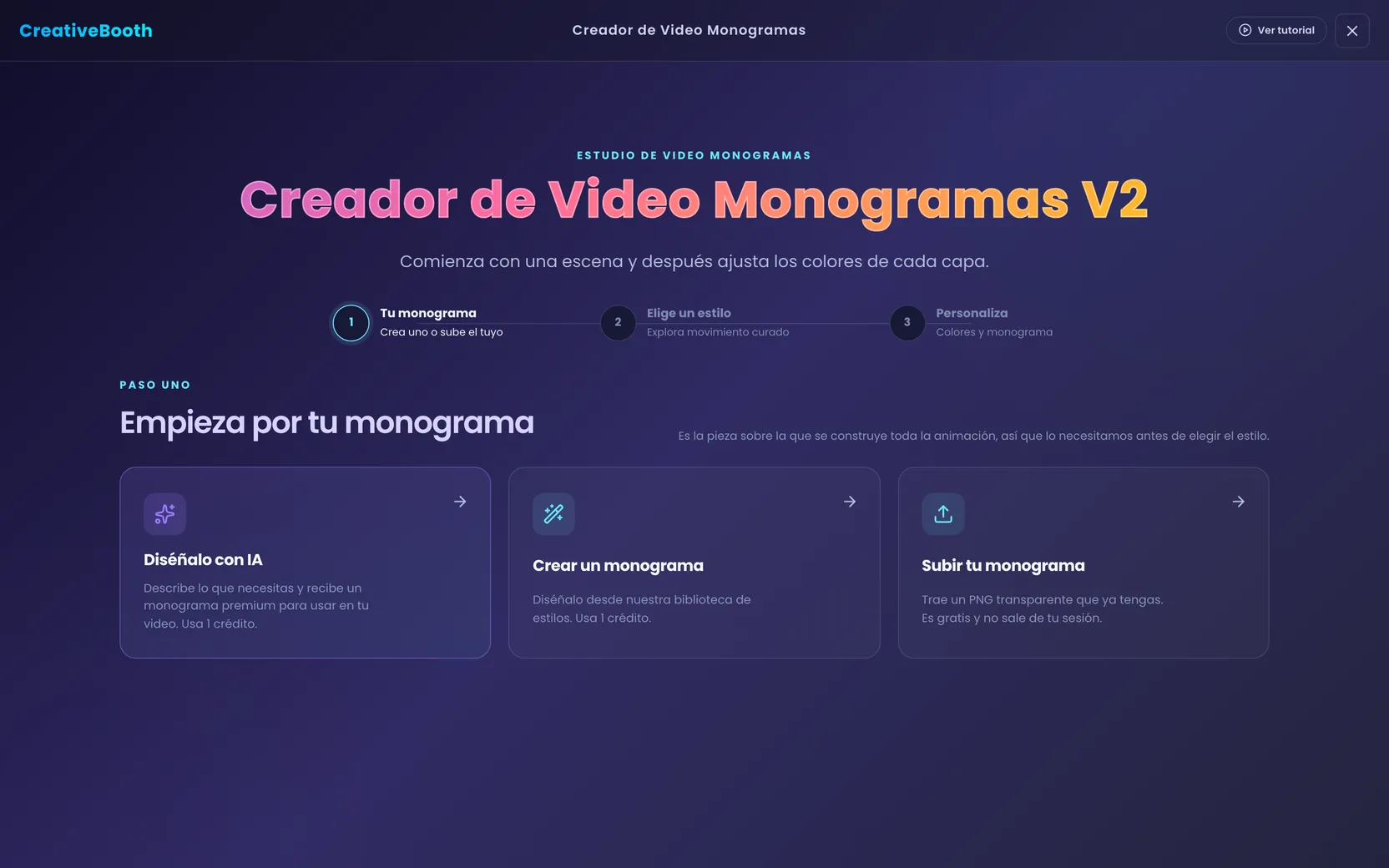 Paso uno del Creador de Video Monogramas con las opciones Diséñalo con IA, Crear un monograma y Subir tu monograma
