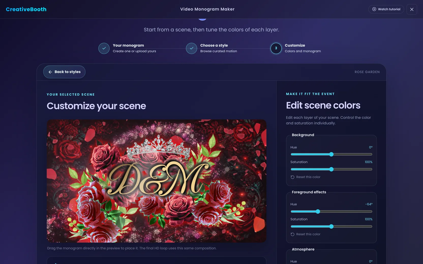 The Customize your scene step with the live preview on the left and the Edit scene colors panel on the right