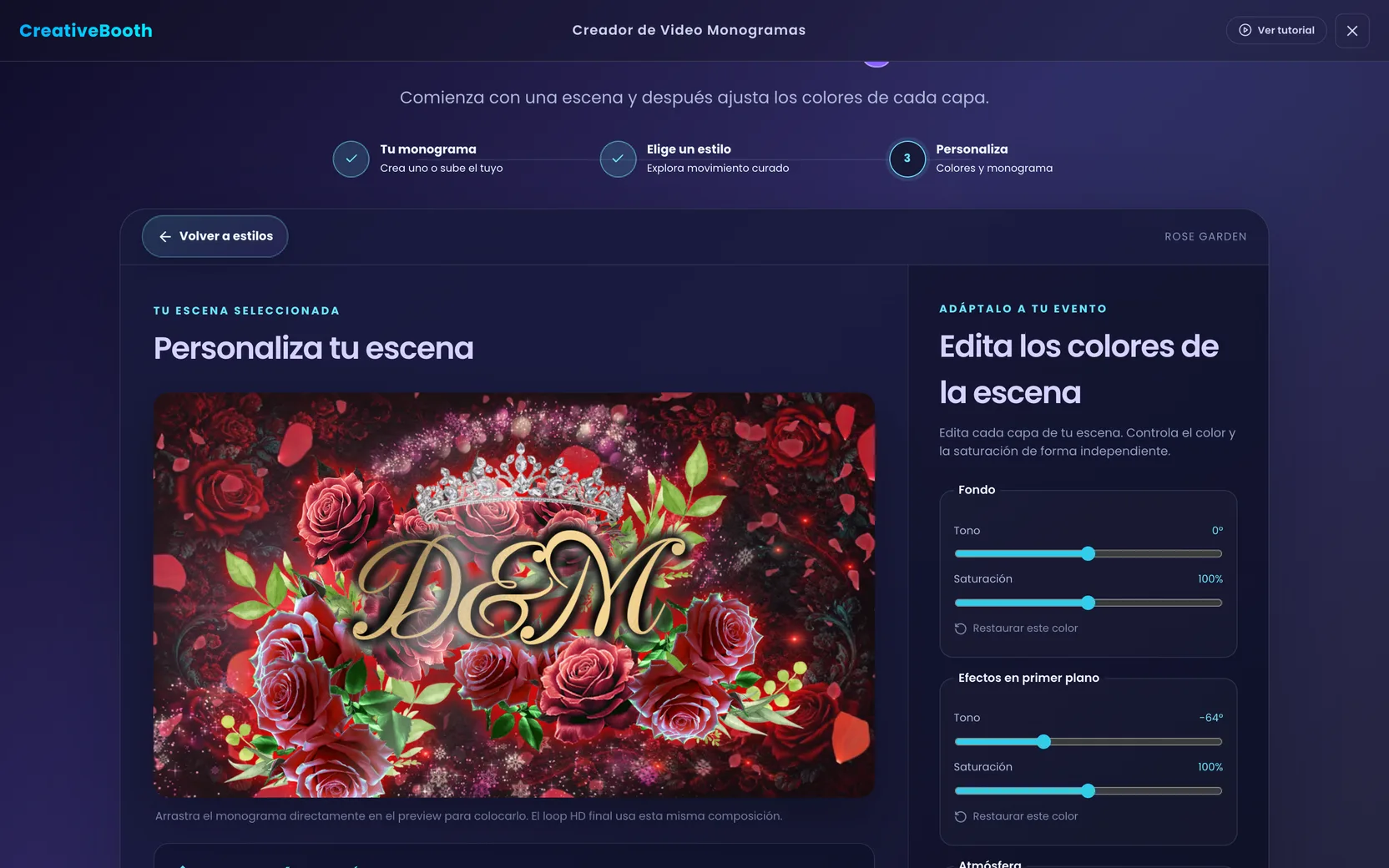 El paso Personaliza tu escena con el preview en vivo a la izquierda y el panel Edita los colores de la escena a la derecha