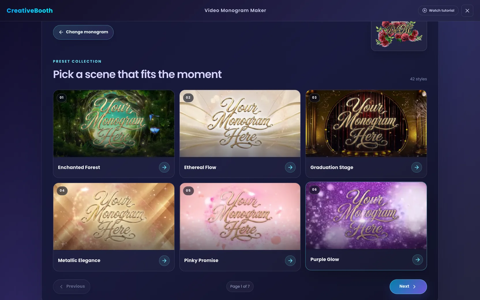 The preset gallery showing six animated scene previews, the 42 styles counter and the pagination controls