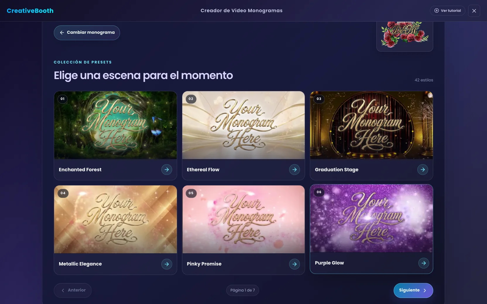 La galería de escenas con seis previews animados, el contador de 42 estilos y los controles de paginación