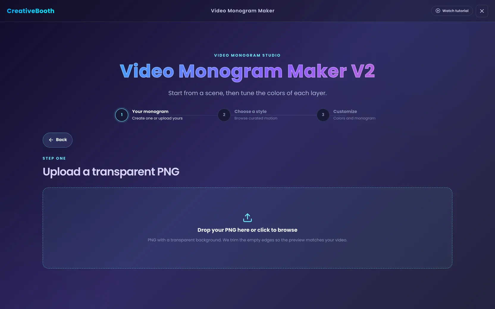 The Upload a transparent PNG screen with an empty dropzone reading drop your PNG here or click to browse