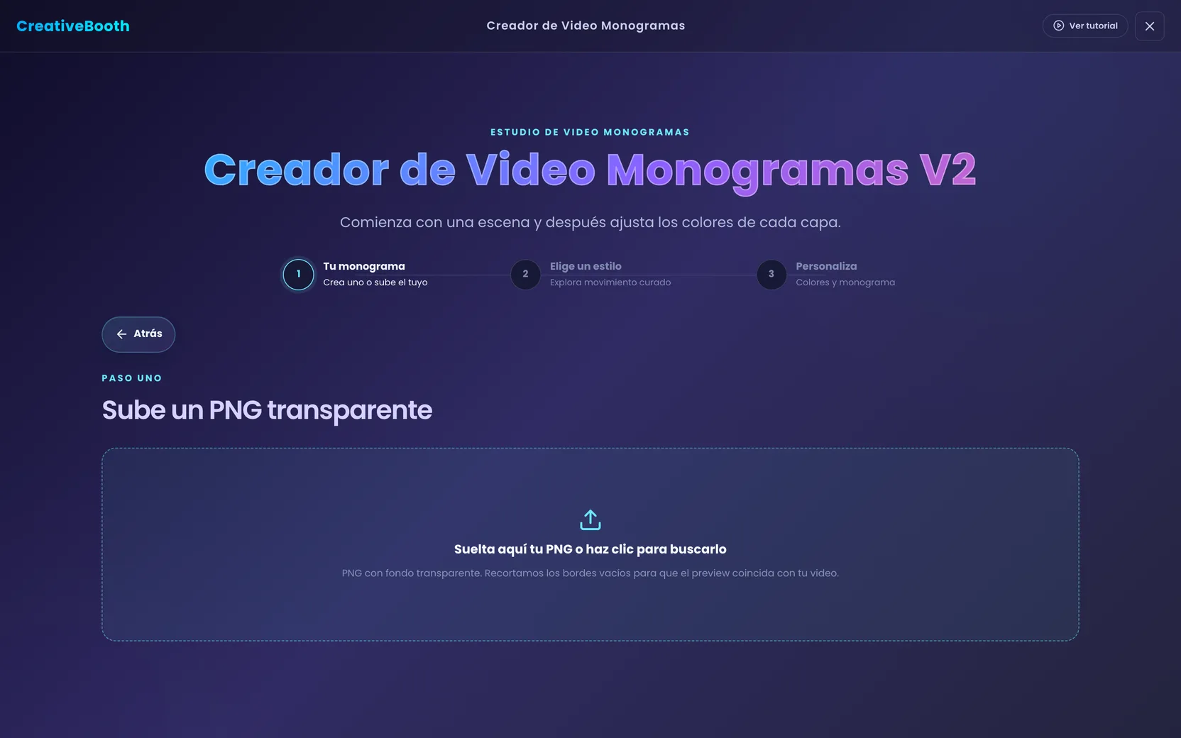 La pantalla Sube un PNG transparente con la zona de arrastre vacía y el texto para soltar el PNG o buscarlo